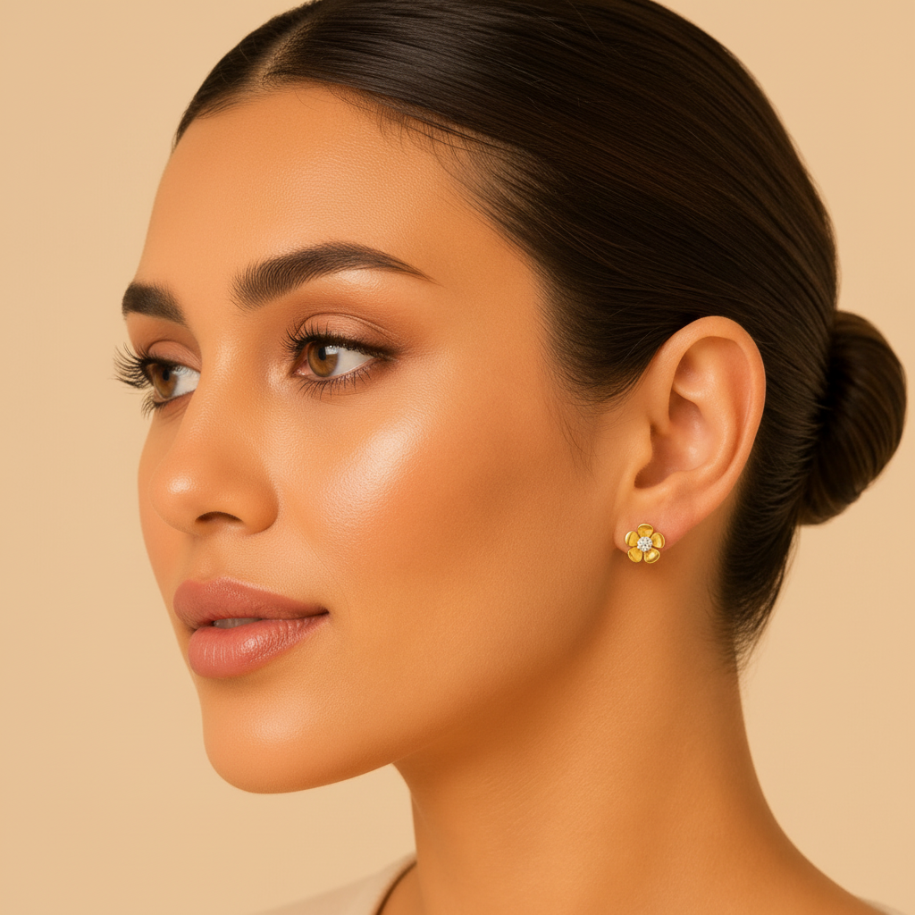 Modelo aros flor perla maquillaje natural